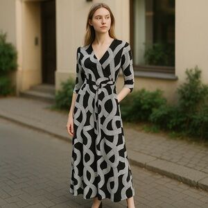 Woman’s Black and White Retro Print V Neck Dress with Pockets NWT